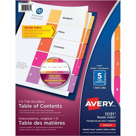 Avery Ready Index Table of Content Dividersfor Laser and Inkjet Printers - 5 x Divider(s) - 1-5 - 5 Tab(s)/Set - 8.5" Divider Wi