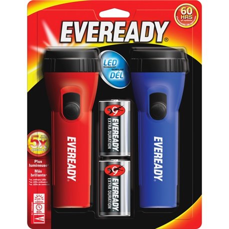 Eveready LED Economy Flashlight - LED - 9 lm Lumen - 1 x D - Polypropylene - Blue, Red - 2 / Pack