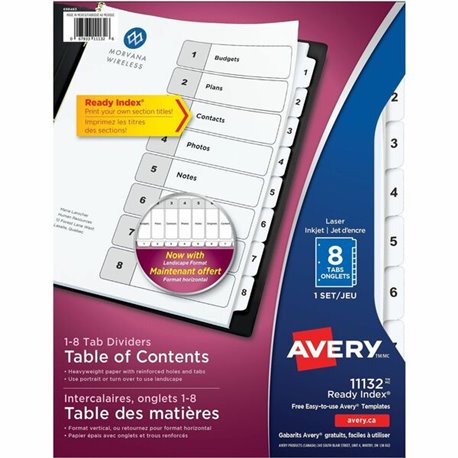 Avery Ready Index Table of Content Dividers for Laser and Inkjet Printers, 8 tabs - 8 x Divider(s) - 1-8 - 8 Tab(s)/Set - 8.5" D