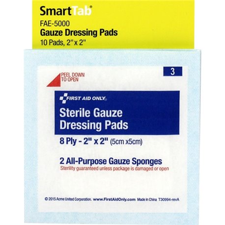 First Aid Only Sterile Gauze Dressing Pads - 8 Ply - 2" x 2" - 10/Pack - White