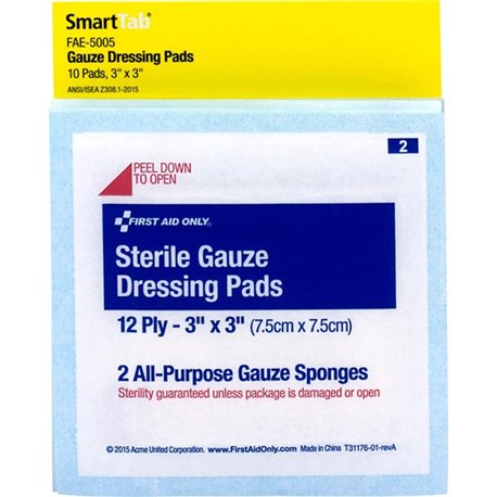 First Aid Only Sterile Gauze Dressing Pads - 12 Ply - 3" x 3" - 10/Pack - White