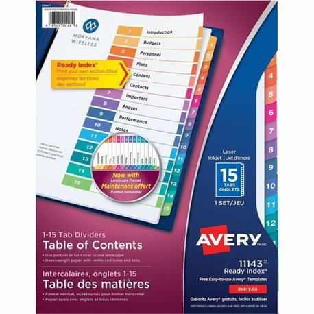 Avery Ready Index Table of Content Dividersfor Laser and Inkjet Printers - 15 x Divider(s) - 1-15 - 15 Tab(s)/Set - 8.5" Divider