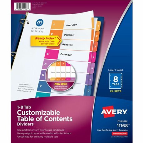 Avery Ready Index Customizable TOC Dividers - 192 x Divider(s) - 1-8 - 8 Tab(s)/Set - 8.5" Divider Width x 11" Divider Length - 