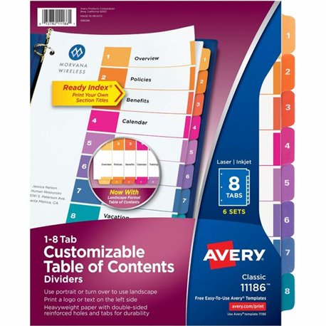 Avery Ready Index Custom TOC Binder Dividers - 48 x Divider(s) - 1-8 - 8 Tab(s)/Set - 8.5" Divider Width x 11" Divider Length - 