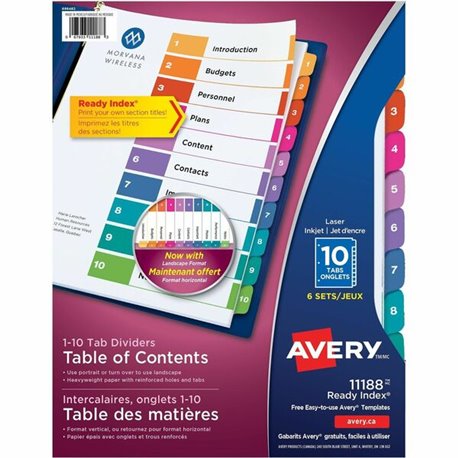 Avery Ready Index Table of Content Dividersfor Laser and Inkjet Printers - 60 x Divider(s) - 1-10 - 10 Tab(s)/Set - 8.5" Divider