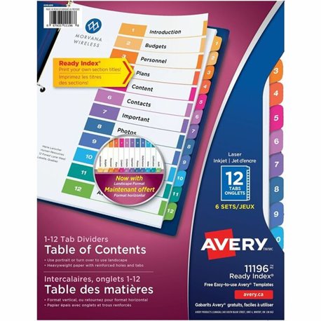 Avery Ready Index Table of Content Dividers for Laser and Inkjet Printers - 72 x Divider(s) - 1-12 - 12 Tab(s)/Set - 8.5" Divide