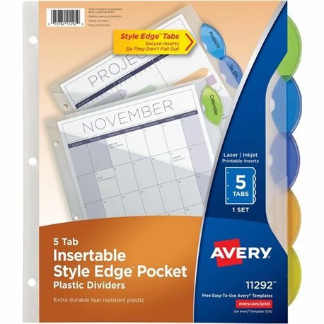 Avery Insertble Style Edge Plastic Pocket Dividers - 5 x Divider(s) - 5 - 5 Tab(s)/Set - 9.3" Divider Width x 11.25" Divider Len