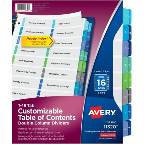 Avery Two-Column Table Contents Dividers w/Tabs - 16 x Divider(s) - 1-16 - 16 Tab(s)/Set - 8.5" Divider Width x 11" Divider Leng