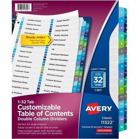 Avery Two-Column Table Contents Dividers w/Tabs - 32 x Divider(s) - 1-32 - 32 Tab(s)/Set - 8.5" Divider Width x 11" Divider Leng