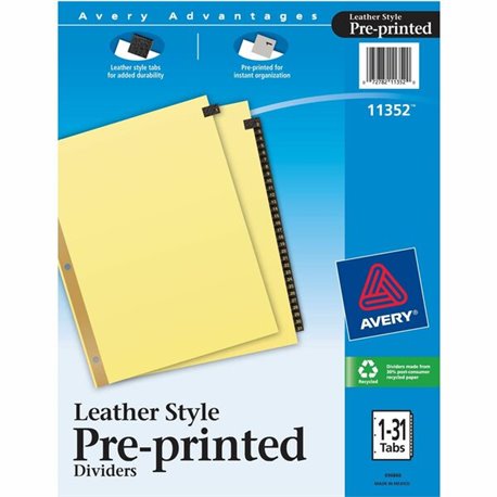 Avery Preprinted Tab Dividers - Gold Reinforced Edge - 31 x Divider(s) - Printed Tab(s) - Digit - 1-31 - 31 Tab(s)/Set - 8.5" Di