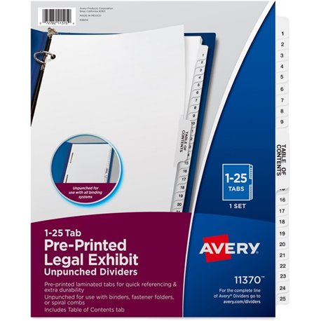 Avery Index Divider - 1 x Divider(s) - Side Tab(s) - 1-25, Table of Contents - 26 Tab(s)/Set - 8.5" Divider Width x 11" Divider 