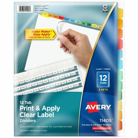 Avery(R) 12 Tab Dividers for 3 Ring Binder, Easy Print & Apply Clear Label Strip, Index Maker(R) Customizable Multicolor Tabs, 5