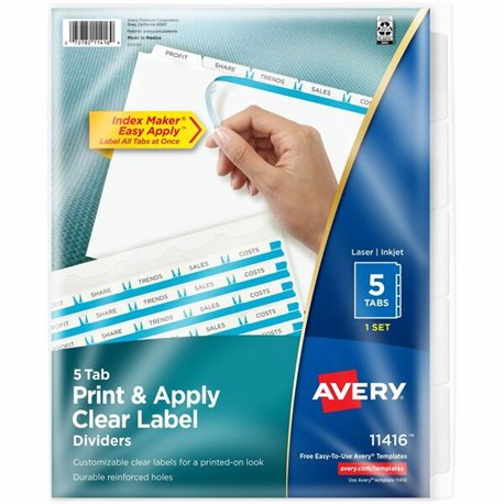 Avery(R) 5 Tab Dividers for 3 Ring Binder, Easy Print & Apply Clear Label Strip, Index Maker(R) Customizable White Tabs, 1 Set (