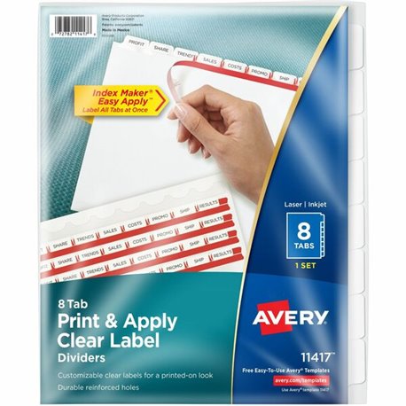 Avery(R) 8 Tab Dividers for 3 Ring Binder, Easy Print & Apply Clear Label Strip, Index Maker(R) Customizable White Tabs, 1 Set (