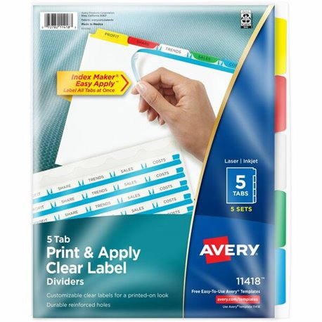 Avery(R) 5 Tab Dividers for 3 Ring Binder, Easy Print & Apply Clear Label Strip, Index Maker(R) Customizable Multicolor Tabs, 5 