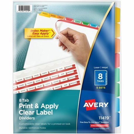 Avery(R) 8 Tab Dividers for 3 Ring Binder, Easy Print & Apply Clear Label Strip, Index Maker(R) Customizable Multicolor Tabs, 5 