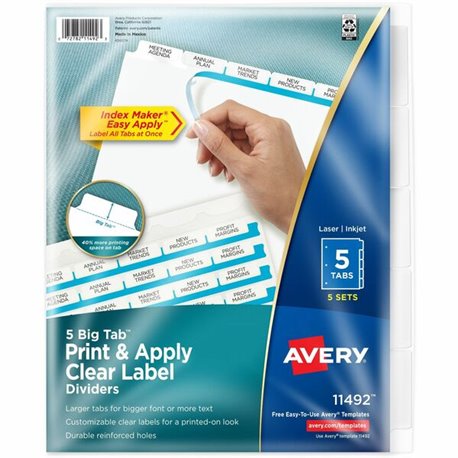 Avery(R) 5 Big Tab Dividers for 3 Ring Binder, Easy Print & Apply Clear Label Strip, Index Maker(R) Customizable White Tabs, 5 S