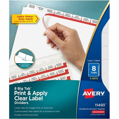 Avery(R) 8 Big Tab Dividers for 3 Ring Binder, Easy Print & Apply Clear Label Strip, Index Maker(R) Customizable White Tabs, 5 S