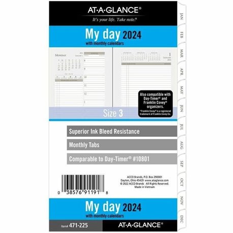 At-A-Glance 2024 Daily Planner Two Page Per Day Refill, Loose-Leaf, Folio Size, 8 1/2" x 11" - Julian Dates - Daily - 1 Year - J