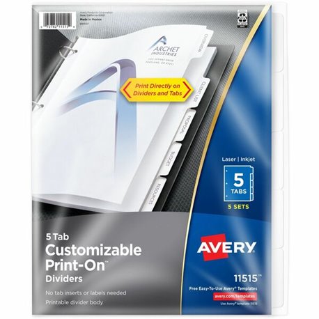 Avery(R) Customizable Print-On(TM) Dividers for 3 Ring Binders, 5-Tab Set, 5 Sets (11515) - Present a professional proposal or p