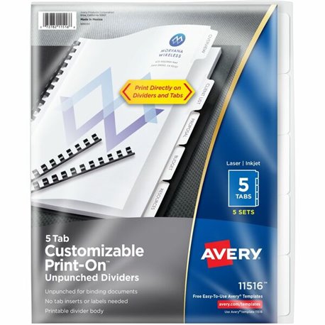 Avery(R) Unpunched Customizable Print-On(TM) Dividers for Use with Custom Binding Systems or 3 Ring Binders, 5-Tab Set, 5 Sets (