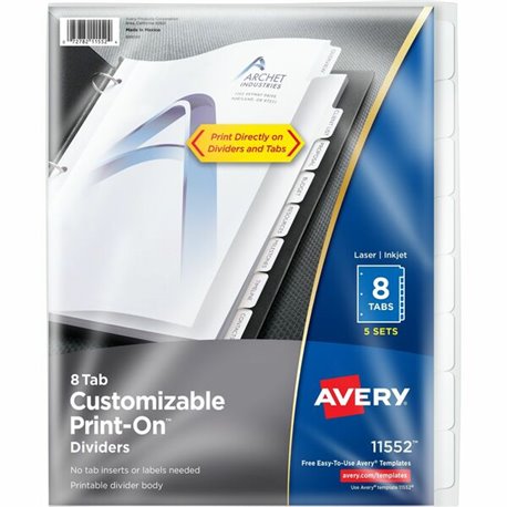 Avery(R) Customizable Print-On(TM) Dividers, 8 Tab, White, 5 Sets (11552) - 40 x Divider(s) - Print-on Tab(s) - 8 - 8 Tab(s)/Set