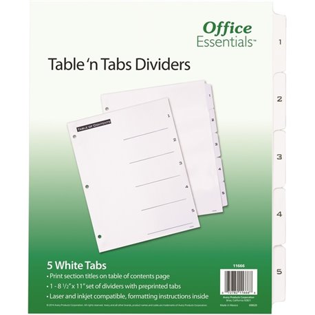 Avery B/W Print Table of Contents Tab Dividers - 5 x Divider(s) - 1-5 - 5 Tab(s)/Set - 8.5" Divider Width x 11" Divider Length -