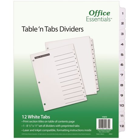 Avery B/W Print Table of Contents Tab Dividers - 12 x Divider(s) - 1-12 - 12 Tab(s)/Set - 8.5" Divider Width x 11" Divider Lengt