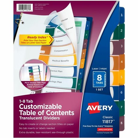 Avery Ready Index Customizable TOC Binder Dividers - 8 x Divider(s) - 8 Tab(s) - 1-8 - 8 Tab(s)/Set - 8.5" Divider Width x 11" D