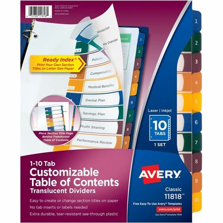 Avery Ready Index Customizable TOC Binder Dividers - 10 x Divider(s) - 10 Tab(s) - 1-10 - 10 Tab(s)/Set - 8.5" Divider Width x 1