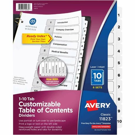 Avery Ready Index 10-tab Custom TOC Dividers - 60 x Divider(s) - 1-10, Table of Contents - 10 Tab(s)/Set - 8.5" Divider Width x 