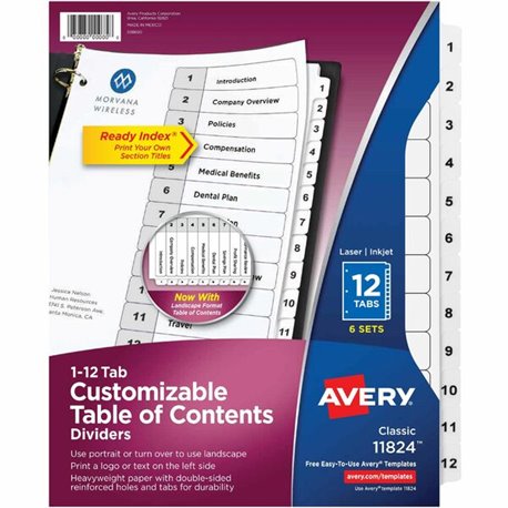 Avery Ready Index 12-tab Custom TOC Dividers - 72 x Divider(s) - 1-12, Table of Contents - 12 Tab(s)/Set - 8.5" Divider Width x 