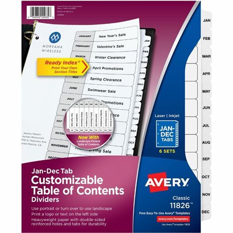 Avery Monthly Tab Table of Contents Dividers - 72 x Divider(s) - Jan-Dec, Table of Contents - 12 Tab(s)/Set - 8.5" Divider Width