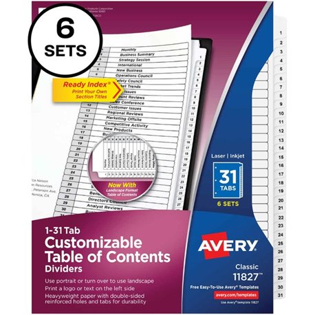 Avery 1-31 Custom Table of Contents Dividers - 186 x Divider(s) - 1-31, Table of Contents - 31 Tab(s)/Set - 8.5" Divider Width x