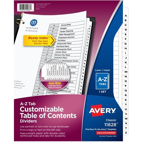 Avery A-Z Black & White Table of Contents Dividers - 26 x Divider(s) - A-Z, Table of Contents - 26 Tab(s)/Set - 8.5" Divider Wid