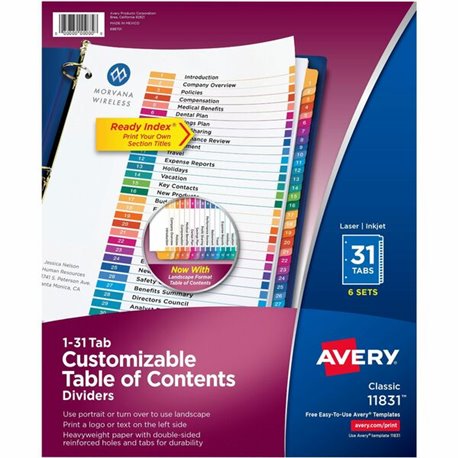 Avery Ready Index 31 Tab Dividers, Customizable TOC, 6 Sets - 186 x Divider(s) - 1-31, Table of Contents - 31 Tab(s)/Set - 8.5" 