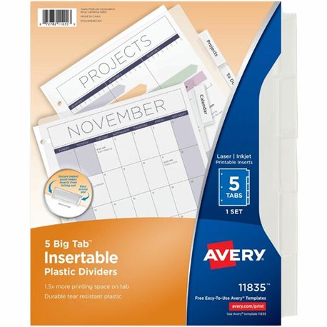 Avery Big Tab Insertable Plastic Dividers - 5 x Divider(s) - 5 - 5 Tab(s)/Set - 8.5" Divider Width x 11" Divider Length - 3 Hole