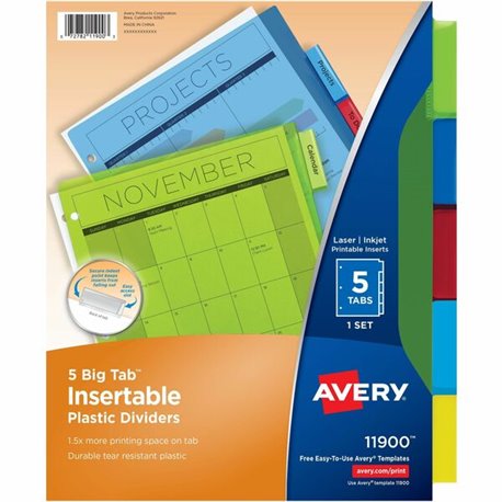 Avery Big Tab Insertable Plastic Dividersfor Laser and Inkjet Printers - 5 x Divider(s) - 5 - 5 Tab(s)/Set - 8.5" Divider Width 