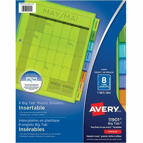 Avery Big Tab Insertable Plastic Dividersfor Laser and Inkjet Printers - 8 x Divider(s) - 8 - 8 Tab(s)/Set - 8.5" Divider Width 