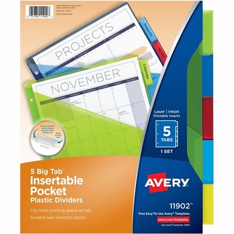 Avery Big Tab Insertable Plastic Dividers with Pocketsfor Laser and Inkjet Printers - 5 x Divider(s) - 5 - 5 Tab(s)/Set - 9.3" D