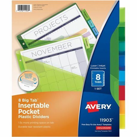 Avery Big Tab Insertable Plastic Dividers with Pocketsfor Laser and Inkjet Printers - 8 x Divider(s) - 8 - 8 Tab(s)/Set - 9.3" D