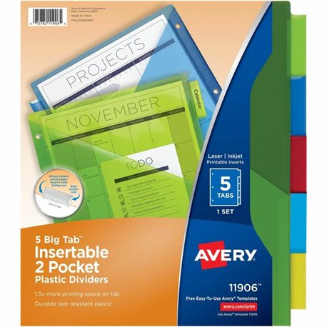 Avery Big Tab Insertable 2-Pocket Dividers - 5 x Divider(s) - 5 - 5 Tab(s)/Set - 9.3" Divider Width x 11.25" Divider Length - 3 