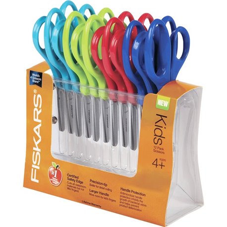 Fiskars 5" Pointed-tip Kids Scissors - 5" Overall LengthSafety Edge Blade - Pointed Tip - Red, Blue, Turquoise, Green - 12 / Pac