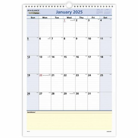 At-A-Glance QuickNotes Wall Calendar - Medium Size - Julian Dates - Monthly - 12 Month - January 2025 - December 2025 - 1 Month 