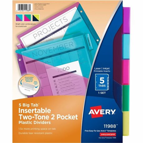 Avery Big Tab Tab Divider - 5 x Divider(s) - 5 - 5 Tab(s)/Set - 9.3" Divider Width x 11.13" Divider Length - 3 Hole Punched - Mu