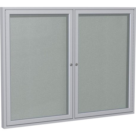 Ghent 2 Door Enclosed Vinyl Bulletin Board with Satin Frame - 36" Height x 48" Width - Silver Vinyl Surface - Locking Door, Tack