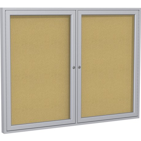 Ghent 2 Door Enclosed Natural Cork Bulletin Board with Satin Frame - 48" Height x 60" Width - Natural Cork Surface - Sleek Style