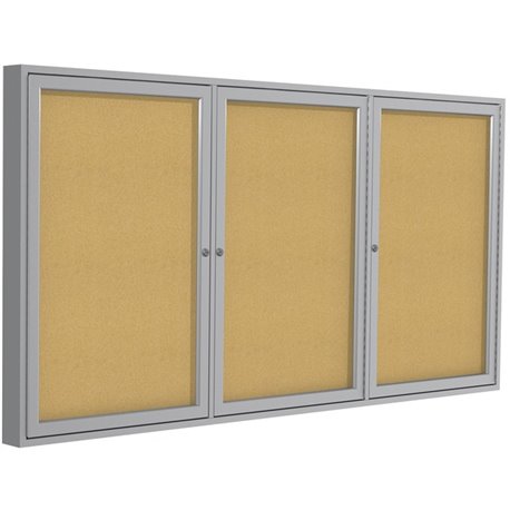 Ghent 3-Door Enclosed Indoor Bulletin Board - 36" Height x 72" Width - Cork Surface - Shatter Resistant, Self-healing - Satin Al