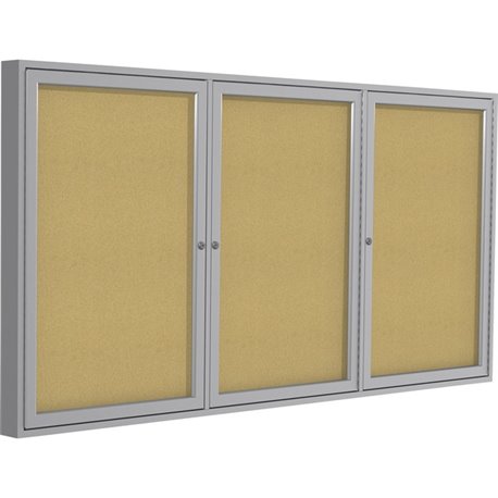 Ghent 3 Door Enclosed Natural Cork Bulletin Board with Satin Frame - 48" Height x 96" Width - Natural Cork Surface - Locking Doo