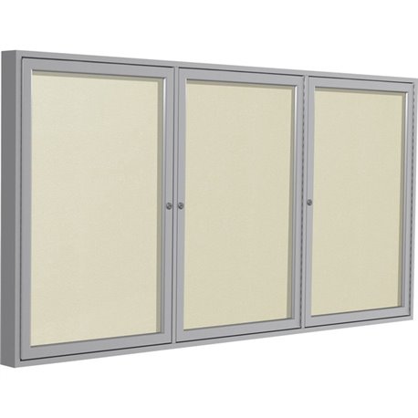 Ghent 3 Door Enclosed Vinyl Bulletin Board with Satin Frame - 48" Height x 96" Width - Ivory Vinyl Surface - Weather Resistant, 